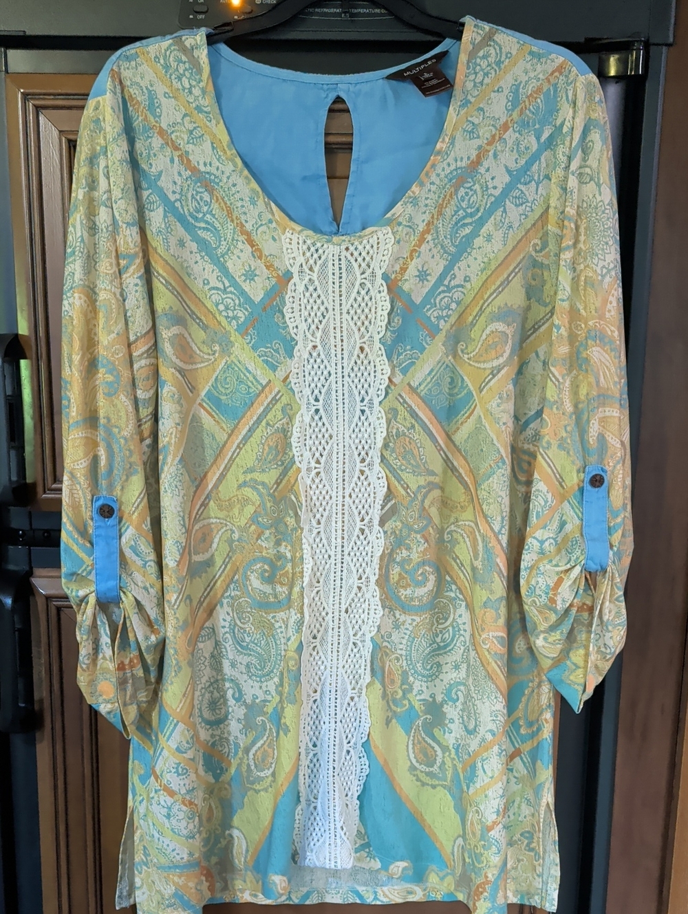 Multiples Blue, Yellow & Cream Paisley Lace-Trim Blouse